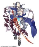  1girl armor armored_boots asymmetrical_legwear bikini_armor black_hair boots chains full_body fur_trim gauntlets hair_over_one_eye ji_no kaguya_hime_(sinoalice) looking_at_viewer navel official_art open_mouth over_shoulder parted_lips platform_footwear revealing_clothes scabbard sheath single_gauntlet sinoalice smoke solo sword tattoo thigh-highs thigh_boots weapon white_background 