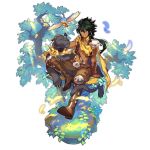  1boy artist_request bird brown_eyes cougar_(animal) dragalia_lost feathers green_hair leaf long_hair non-web_source official_art petting rawn roots shirtless sitting transparent_background tree 