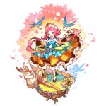  artist_request bird blue_eyes dragalia_lost flower hair_flower hair_ornament long_hair maribelle_(dragalia_lost) non-web_source official_art petals pink_hair rabbit roots squirrel 