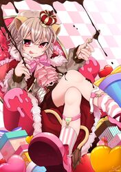  1boy :p absurdres animal_ears blush chocolate crown happy_valentine heart heart-shaped_pupils highres legs_crossed looking_at_viewer male_focus mary_janes original pink_hair prince red_eyes shoes spoon symbol-shaped_pupils tongue tongue_out wenaka_yuuji 