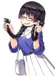  1girl bag belt black_hair braid dress eyebrows_visible_through_hair glasses hair_ornament hairclip handbag holding holding_hair jewelry kath nijisanji open_mouth pendant puffy_sleeves smile tagme tsukino_mito twin_braids virtual_youtuber white_background 