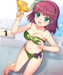  1girl angel_beats! bandeau barefoot bikini bow breasts cleavage commentary_request foot_out_of_frame front-tie_top green_bikini green_eyes hair_bow hairband medium_breasts medium_hair purple_hair ryoui_(ry_tya) solo starting_block strapless strapless_bikini swimsuit water_gun yuri_(angel_beats!) 