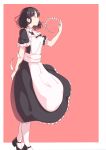  1girl apron black_hair closed_eyes commentary_request frills hennekobakatesu highres holding maid maid_apron maid_headdress mary_janes original puffy_short_sleeves puffy_sleeves shoes short_sleeves simple_background solo 