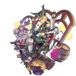  1boy 2girls animal_ears armor artist_request blonde_hair dragalia_lost flower gradient_hair holding holding_flower leg_armor looking_at_viewer multicolored_hair multiple_girls non-web_source official_art orion_(dragalia_lost) petals rabbit_ears rose short_hair sitting transparent_background 