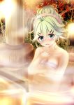  1girl bangs bare_shoulders blush breasts cleavage collarbone commentary_request eyebrows_visible_through_hair green_eyes green_hair hair_between_eyes hair_ornament hairclip hand_on_own_chest in_water kakeyu kantai_collection looking_at_viewer medium_breasts naked_towel onsen open_mouth outdoors parted_bangs reflection sidelocks solo towel tree yamakaze_(kantai_collection) 