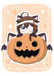  1girl ahoge alternate_costume animal_ears bandage bangs bat_wings blue_eyes brown_hair cat_ears chibi commentary_request eyebrows_visible_through_hair fang_out gloves hair_between_eyes hair_flaps hair_ornament halloween highres kantai_collection long_hair looking_at_viewer paw_gloves paws pink_background pumpkin remodel_(kantai_collection) shigure_(kantai_collection) smile solo tenshin_amaguri_(inobeeto) wings 