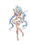  1girl apron armlet bangs bare_shoulders barefoot blue_eyes blue_hair bow bowtie choker closed_mouth collarbone dress full_body granblue_fantasy hands_up long_hair looking_at_viewer lyria_(granblue_fantasy) minaba_hideo official_art parted_bangs ribbon smile solo thigh_strap transparent_background very_long_hair whisk white_dress 