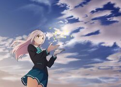  1girl aqua_bow blue_skirt blue_sky bow brown_eyes clouds irozuku_sekai_no_ashita_kara jewelry long_hair magic motsutoko outdoors school_uniform silver_hair skirt sky solo standing tsukishiro_hitomi very_long_hair 