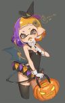  1girl black_legwear black_leotard blush candy cropped_legs demon_tail detached_collar domino_mask food gloves grey_background hair_ornament halloween halloween_basket hat highres inkling leotard lollipop looking_at_viewer mask multicolored_hair nintendo open_mouth single_thighhigh solo splatoon strapless strapless_leotard tail tentacle_hair thigh-highs two-tone_hair white_gloves wings witch_hat yu-ri 