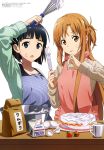  2girls :o :p absurdres apron asuna_(sao) bag bangs black_eyes black_hair blue_apron blunt_bangs bowl breasts brown_eyes brown_hair cake collarbone cream cream_on_face egg eggshell food food_on_face fruit hair_ornament hairclip highres kirigaya_suguha large_breasts long_hair long_sleeves looking_at_viewer magazine_scan measuring_cup multiple_girls official_art paper_bag parted_bangs pink_apron ribbed_sweater scan shiny shiny_hair short_hair smile strawberry striped sweater sword_art_online tongue tongue_out turtleneck vertical-striped_apron vertical_stripes whisk 