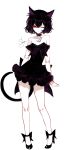  1girl absurdres animal_ear_fluff animal_ears artist_name bangs bare_arms bare_legs bare_shoulders black_choker black_dress black_footwear black_hair cat_ears chinese_commentary choker collarbone commentary_request crescent crescent_choker dress eyelashes full_body hair_between_eyes high_heels highres looking_at_viewer original red_eyes sheya short_dress short_hair signature simple_background solo standing strapless strapless_dress thighs white_background 