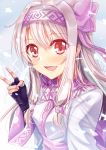  1girl :d absurdres black_gloves blush bow eyebrows_visible_through_hair fate/grand_order fate_(series) fingerless_gloves floating_hair gloves gu_li hair_between_eyes hair_bow hairband highres long_hair long_sleeves looking_at_viewer open_mouth purple_bow red_eyes silver_hair sitonai smile solo upper_body v very_long_hair white_earrings 