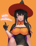  1girl arm_support black_gloves black_hair breasts cape eyebrows_visible_through_hair fang gloves happy_halloween hat hayabusa highres kantai_collection large_breasts long_hair looking_at_viewer miniskirt multicolored_hair naganami_(kantai_collection) open_mouth orange_background pink_hair pleated_skirt simple_background sitting skirt slit_pupils upper_body wavy_hair witch_hat yellow_eyes 