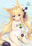  1girl aliter animal_ears bangs bare_legs barefoot blonde_hair blue_eyes blush bow character_name checkered checkered_bow collarbone commentary covered_navel day eyebrows_visible_through_hair fox_ears g41_(girls_frontline) girls_frontline hair_between_eyes hair_bow hair_ribbon head_tilt heterochromia highres holding long_hair low-tied_long_hair name_tag ocean old_school_swimsuit outdoors parted_lips purple_ribbon red_eyes ribbon school_swimsuit see-through shallow_water signature sitting smile soles solo swimsuit very_long_hair wariza water wet wet_clothes wet_swimsuit white_bow white_swimsuit 