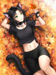  1girl animal_ears arm_behind_head autumn_leaves bike_shorts black_gloves black_hair black_shirt black_shorts breasts cat_ears cat_tail collar fingerless_gloves from_above gigamessy gloves green_eyes leaf long_hair lying maple_leaf medium_breasts midriff navel on_back original outdoors parted_lips shirt short_sleeves shorts smile solo stomach tail 