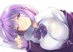  1girl blush bow bowtie breasts closed_mouth collared_shirt commentary_request dress_shirt highres jacket large_breasts long_sleeves looking_at_viewer nukkoru off_shoulder open_clothes open_jacket partially_unzipped purple_bow purple_hair purple_neckwear school_uniform shinjou_akane shirt short_hair simple_background sleeves_past_wrists smile solo ssss.gridman upper_body violet_eyes white_background white_shirt wing_collar zipper_pull_tab 