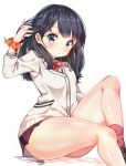  1girl black_hair bow bowtie cardigan commentary_request eyebrows_visible_through_hair konsom legs long_sleeves looking_at_viewer pink_eyes red_neckwear short_hair simple_background sitting socks solo ssss.gridman takarada_rikka thighs white_background white_cardigan 