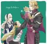  1boy 2girls armor black_armor black_bow black_gloves black_hairband blonde_hair bow brother_and_sister circlet closed_eyes dress earrings elise_(fire_emblem_if) female_my_unit_(fire_emblem_if) fire_emblem fire_emblem_if from_side gloves hair_bow hairband happy_birthday jewelry long_hair marks_(fire_emblem_if) multicolored_hair multiple_girls my_unit_(fire_emblem_if) nintendo open_mouth parted_lips pink_bow pointy_ears purple_hair red_eyes robaco short_hair siblings simple_background stuffed_animal stuffed_toy teddy_bear twintails white_hair 