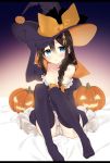  1girl bangs bare_shoulders bed_sheet black_hair black_legwear blue_eyes blush braid breasts cleavage dress frilled_dress frills gloves hair_between_eyes hair_ornament hair_over_shoulder hair_ribbon hairpin halloween hand_on_headwear hat hat_ribbon jack-o&#039;-lantern juliet_sleeves kantai_collection knees_up letterboxed long_hair long_sleeves looking_at_viewer medium_breasts naoto_(tulip) no_shoes off_shoulder panties pantyshot pantyshot_(sitting) parted_lips puffy_sleeves pumpkin ribbon shigure_(kantai_collection) single_braid sitting solo striped striped_panties symbol_commentary thigh-highs underwear witch witch_hat 