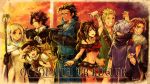  4boys 4girls alfyn_(octopath_traveler) apple backpack bag book copyright_name cyrus_(octopath_traveler) food forehead_scar fruit gloves h&#039;aanit_(octopath_traveler) hat hat_feather jewelry midriff multiple_boys multiple_girls octopath_traveler olberic_eisenberg one_eye_closed ophilia_(octopath_traveler) poncho ponytail primrose_azelhart signature staff sunset sword therion_(octopath_traveler) tressa_(octopath_traveler) weapon 