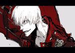  1boy coat dante_(devil_may_cry) devil_may_cry devil_may_cry_3 grey_eyes highres male_focus ogata_tomio open_mouth red_coat simple_background sketch smile white_background white_hair 