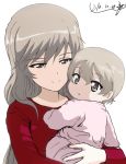  2girls :o artist_name baby bangs brown_eyes bukkuri child_carry closed_mouth commentary dated eyebrows_visible_through_hair girls_und_panzer half-closed_eyes light_brown_hair long_hair long_sleeves looking_at_another looking_at_viewer looking_back mother_and_daughter multiple_girls onesie parted_lips red_shirt shimada_arisu shimada_chiyo shirt short_hair signature simple_background smile very_short_hair white_background younger 