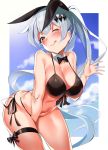  1girl ahoge animal_ears bangs bare_shoulders bending_forward bikini black_bikini blue_sky blush breasts brown_eyes cleavage collarbone commentary_request cowboy_shot day eyebrows_visible_through_hair fake_animal_ears five-seven_(girls_frontline) girls_frontline hair_between_eyes hair_ornament hair_ribbon highres large_breasts long_hair looking_at_viewer navel ocean one_eye_closed outdoors outside_border outstretched_hand ponytail pooor rabbit_ears ribbon side-tie_bikini silver_hair sky solo standing stomach swimsuit thigh_strap thighs tongue tongue_out very_long_hair 