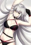  1girl ahoge armpits arms_up bangs belt belt_buckle black_belt black_gloves breasts buckle cleavage collarbone commentary_request dutch_angle eyebrows_visible_through_hair fate/grand_order fate_(series) gloves gradient gradient_background grey_background grey_hair hair_between_eyes halterneck jeanne_d&#039;arc_(alter_swimsuit_berserker) jeanne_d&#039;arc_(fate)_(all) long_hair looking_at_viewer medium_breasts navel o-ring o-ring_bikini o-ring_top parted_lips smile solo stomach v-shaped_eyebrows very_long_hair white_background yami_kyon_oov yellow_eyes 