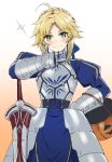 1girl ahoge armor artoria_pendragon_(all) blonde_hair blue_ribbon blush braid breasts commentary cosplay crown_braid eyebrows_visible_through_hair eyes_visible_through_hair fate/grand_order fate_(series) faulds gauntlets gradient gradient_background green_eyes hair_ribbon halloween_basket hand_on_hip hand_on_own_chin highres juliet_sleeves long_sleeves mordred_(fate) mordred_(fate)_(all) puffy_sleeves ribbon saber saber_(cosplay) short_hair simple_background smile solo sparkle sword tonee v-shaped_eyebrows weapon yellow_background 