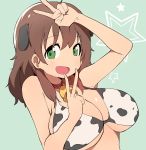  1girl absurdres animal_ears animal_print bell bell_collar blush breasts brown_hair bural_chingu collar cow_bell cow_ears cow_girl cow_print double_v green_eyes ham_na-bi highres huge_breasts looking_at_viewer luke_(dydansgur) open_mouth original short_twintails smile solo twintails v 