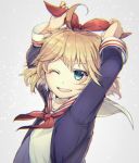  1girl annette_(king&#039;s_raid) arms_up blonde_hair blue_eyes blush ginkou_ff14 king&#039;s_raid one_eye_closed open_mouth ribbon school_uniform short_hair simple_background smile solo 
