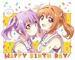 2girls blush breasts brown_eyes brown_hair cleavage closed_mouth collarbone confetti dated eyebrows_visible_through_hair happy_birthday looking_at_viewer medium_breasts multiple_girls namori official_art open_mouth purple_hair release_the_spyce sagami_fuu short_hair short_twintails sleeveless smile speech_bubble twintails v violet_eyes yachiyo_mei 