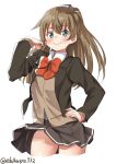  1girl ascot blazer brown_hair brown_skirt cowboy_shot ebifurya green_eyes hair_ornament hand_on_hip high_ponytail highres jacket kantai_collection kumano_(kantai_collection) long_hair looking_at_viewer pleated_skirt ponytail red_neckwear remodel_(kantai_collection) school_uniform simple_background skirt solo twitter_username white_background 