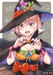  1girl :d bangs black_bow black_cape black_hat black_nails black_skirt bow breasts brown_eyes cape claw_pose cleavage commentary_request eyebrows_visible_through_hair fate/grand_order fate_(series) fingernails green_bow grey_background hair_between_eyes hair_bow hakuda_tofu halloween hands_up hat hat_bow hat_ribbon head_tilt koha-ace large_breasts looking_at_viewer multicolored multicolored_cape multicolored_clothes multicolored_nails nail_polish okita_souji_(fate) okita_souji_(fate)_(all) open_mouth orange_nails pink_bow pink_hair pink_ribbon print_cape purple_bow purple_cape purple_nails red_bow red_nails red_ribbon ribbon signature skirt smile solo star star_print striped striped_bow two-tone_background white_background witch_hat wrist_cuffs 