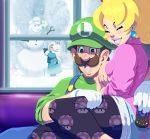  1boy 2girls black_legwear blonde_hair brown_hair chiko_(mario) child commentary commission controller couple crown earrings english_commentary family grin happy hat hetero high_ponytail if_they_mated jewelry lipstick luigi makeup super_mario_bros. multiple_girls mustach nintendo pink_lips princess_peach print_legwear remote_control rosetta_(mario) sitting sitting_on_lap sitting_on_person smile snow snowman super_mario_galaxy tovio_rogers unmoving_pattern what_if window younger 
