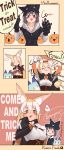  !? ... 2girls :d :t animal_ear_fluff animal_ears basket blonde_hair blush brown_eyes cape claw_pose comic commentary common_raccoon_(kemono_friends) copyright_name corset eating english english_commentary extra_ears eyebrows_visible_through_hair fangs fennec_(kemono_friends) food fox_ears fox_tail fur_trim gloves halloween halloween_costume heart highres japari_symbol kemono_friends lucky_beast_(kemono_friends) mabbakmoe multicolored_hair multiple_girls open_mouth paw_gloves paws pointy_ears smile spoken_ellipsis spoken_heart tail trick_or_treat white_gloves white_hair 