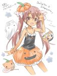  1girl basket black_blouse blouse brown_eyes brown_hair candy cowboy_shot fang food ghost halloween hat highres hizuki_yayoi italian jack-o&#039;-lantern kantai_collection libeccio_(kantai_collection) long_hair looking_at_viewer open_mouth orange_skirt skirt sleeveless smile solo translated twintails white_background 