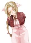  1girl aerith_gainsborough breasts brown_hair buttons commentary_request cropped_jacket dress final_fantasy final_fantasy_vii green_eyes hair_ribbon jacket long_hair looking_at_viewer neck_ribbon pink_dress pink_ribbon red_jacket ribbon smile solo tomo_(552252) 