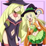  2girls blonde_hair breasts cleavage cosplay creatures_(company) female game_freak gen_4_pokemon green_eyes halloween hat highres kuro_hopper lillie_(pokemon) lusamine_(pokemon) mismagius mismagius_(cosplay) mother_and_daughter multiple_girls navel navel_cutout nintendo pokemon pokemon_(game) pokemon_sm witch witch_hat 