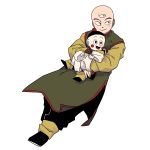  2boys :d bald black_eyes black_footwear blush_stickers chaozu chinese_clothes clenched_hands dragon_ball floating full_body goro_(szyk7834) happy hat holding long_sleeves looking_away male_focus multiple_boys open_mouth simple_background smile tenshinhan third_eye white_background 