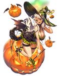  artist_request black_dress black_footwear breasts cuff_links destiny_child dress fang green_frills hat jack-o&#039;-lantern large_breasts official_art pumpkin star star_print strap_slip striped_hat thigh_strap twintails wand white_hair wings witch_hat 