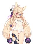  1girl absurdres animal_ears bangs bare_arms bare_shoulders blonde_hair blue_eyes blush bow braid cat_ears closed_mouth collarbone commentary_request covered_navel cowboy_shot eyebrows_visible_through_hair g41_(girls_frontline) girls_frontline hair_between_eyes hair_bow hair_ornament hands_up head_tilt heterochromia highres long_hair looking_at_viewer low-tied_long_hair mokew old_school_swimsuit pulled_by_self red_eyes school_swimsuit side_braid simple_background single_braid solo strap_pull swimsuit thick_eyebrows very_long_hair white_background white_bow white_school_swimsuit white_swimsuit 