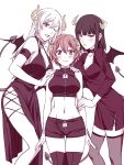  3girls ;d aa-5100 ae-3803 alternate_hair_color arm_strap bangs black_dress black_footwear black_hair black_shorts black_tank_top black_wings blunt_bangs blush boots breasts brown_eyes brown_hair choker cleavage collar demon_tail demon_wings dress gloves grey_legwear hand_on_another&#039;s_shoulder hataraku_saibou highres horns limited_palette lipstick long_hair long_sleeves looking_at_viewer makeup medium_breasts midriff multiple_girls navel nayomi nt-4201 one_eye_closed open_mouth short_dress short_hair short_shorts shorts side_slit sideboob silver_hair simple_background sleeveless sleeveless_dress smile standing stomach tail thigh-highs thigh_boots white_background white_gloves wings zettai_ryouiki 