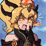  1girl armor bare_shoulders black_horns blonde_hair bodysuit bowsette burning_eyes chroma_(warframe) chroma_prime_(warframe) crossover crown earrings fang fire glowing glowing_eyes horns interstellarfarts jewelry super_mario_bros. new_super_mario_bros._u_deluxe nintendo orange_eyes smile super_crown super_mario_bros. tagme thick_eyebrows warframe 