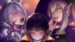  3girls animal_ears bat bat_hair_ornament black_hair blood blurry blurry_background braid elu_(nijisanji) evil_smile fangs fingernails french_braid glowing glowing_eyes hair_ornament hairclip halloween halloween_costume hat heart highres higuchi_kaede jack-o&#039;-lantern kath long_hair looking_at_viewer multiple_girls nail_polish nijisanji pointy_ears red_eyes sharp_fingernails sharp_teeth silver_hair smile tagme teeth tongue tongue_out tsukino_mito vampire violet_eyes virtual_youtuber werewolf witch witch_hat wolf_ears yellow_eyes 