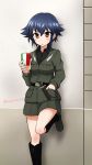  1girl :o against_wall anzio_military_uniform bangs belt black_belt black_footwear black_hair black_shirt boots braid brown_eyes commentary cup disposable_cup dress_shirt eyebrows_visible_through_hair flag_print girls_und_panzer grey_jacket grey_skirt hair_tie hand_in_pocket highres holding holding_cup italian_flag jacket knee_boots knife leg_up long_sleeves military military_uniform miniskirt nagomiya_(shousha) pencil_skirt pepperoni_(girls_und_panzer) shirt short_hair side_braid skirt solo standing standing_on_one_leg twitter_username uniform 