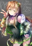  1girl ahoge bangs bare_shoulders blush bow breasts brown_hair camouflage_jacket character_name choker cleavage collarbone covered_navel double_bun dress eyebrows_visible_through_hair fur-trimmed_jacket fur_trim girls_frontline green_eyes hair_between_eyes hair_bow half-closed_eye hand_on_hip highres jacket knoy3356 long_hair looking_at_viewer medium_breasts paint_splatter parted_lips rfb_(girls_frontline) short_dress sidelocks smile solo strap w 