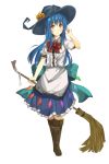  1girl aqua_bow back_bow bandage black_hat blue_hair blue_skirt blush bow bowtie broom brown_eyes brown_footwear dress_shirt frilled_skirt frills full_body fuussu_(21-kazin) grey_apron grey_shirt hat hinanawi_tenshi holding holding_broom long_hair looking_at_viewer pleated_skirt pumpkin red_bow shirt short_sleeves skirt smile solo standing touhou transparent_background very_long_hair witch_hat 