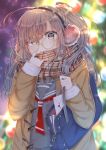  1girl bag blush book bookbag brown_coat brown_eyes coat earmuffs envelope glasses hand_up highres kanap0n light_brown_hair light_smile long_hair looking_at_viewer original plaid plaid_scarf scarf school_uniform solo uniform yellow-framed_eyewear 