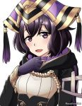  1girl black_hair fire_emblem fire_emblem:_kakusei fire_emblem_heroes gloves hat hood hood_down long_sleeves maji_(majibomber) mark_(female)_(fire_emblem) mark_(fire_emblem) nintendo open_mouth short_hair simple_background solo twitter_username violet_eyes white_background 